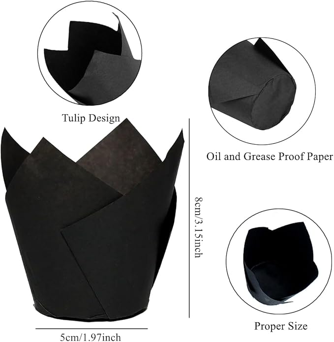 150 Pieces Tulip Cupcake Muffin Liners Paper Baking Cups Greaseproof Cupcake Wrappers for Birthday Wedding Party Baby Showers Catering Restaurants(Black)
