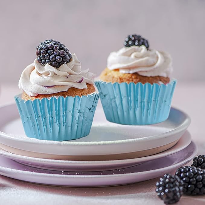 Cupcake Liners Light Blue,GOLF 100 Pack Standard Size Silver Foil Cupcake Liners Wrappers Metallic Baking Cups,Muffin Paper Cases