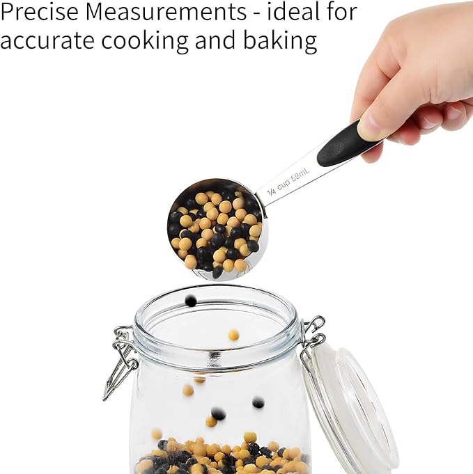 Stainless Steel Measuring Spoons & Cups Set, Includes 10 Sizes, from 1/4 tsp to 1 cup, Food Grade Stackable Tablespoons and Teaspoons Measuring Set for Cooking & Baking (Black)
