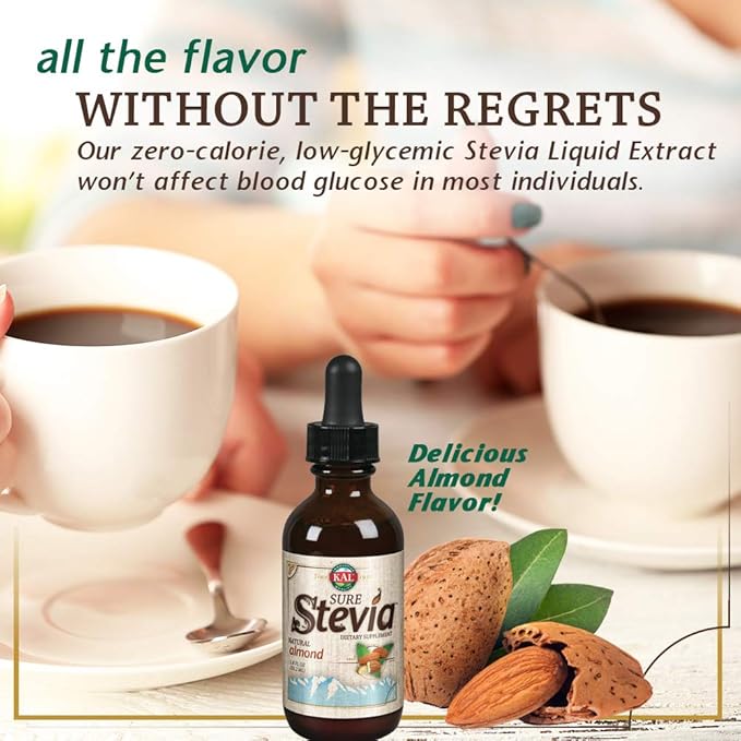 KAL Sure Stevia Drops, Natural Almond Flavor, Low Carb, Zero Calorie Sweetener, Keto Friendly, Great Tasting Liquid Stevia, Low Glycemic, 60-Day Money Back Guarantee, Approx. 354 Servings, 1.8 FL OZ