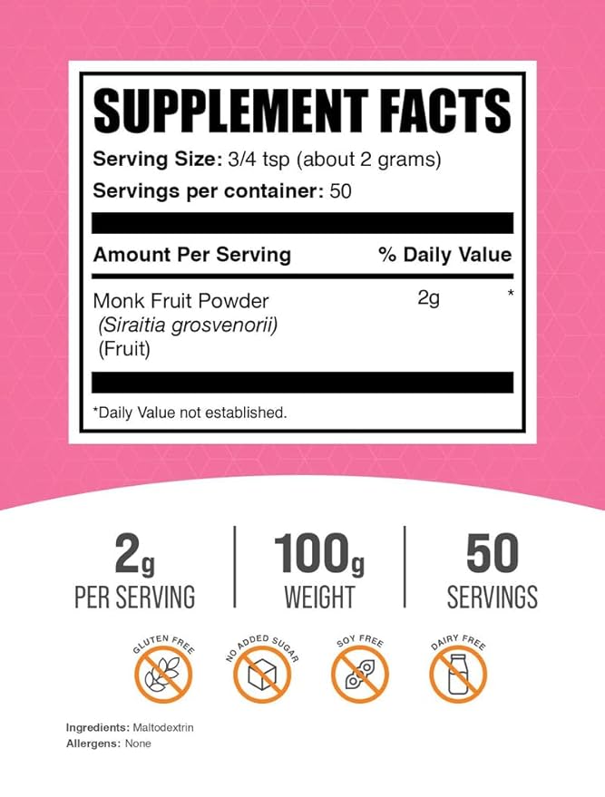BulkSupplements.com Monk Fruit Powder - Monk Fruit Sweetener, Sugar Substitute for Baking - Pure & Gluten Free, 2g per Serving, 100g (3.5 oz) (Pack of 1)