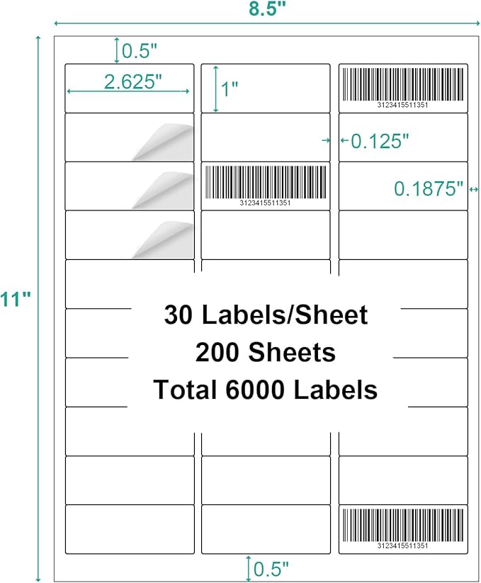 200 Sheets 6000 Counts Address Labels Sticker for Laser & Inkjet Printer, 1" x 2-5/8" White Blank Printable Shipping Address Labels, Strong Adhesive