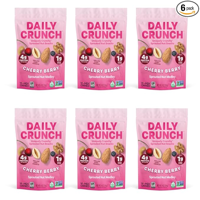 Daily Crunch, Zero Seed Oils, Gluten Free, 4oz (6 Pack, Cherry Berry Sprouted Nut Medley)