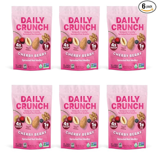 Daily Crunch, Zero Seed Oils, Gluten Free, 4oz (6 Pack, Cherry Berry Sprouted Nut Medley)
