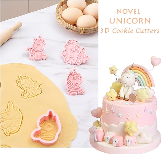 Novel Unicorn Cookie Cutters and Stamper, 6-Style 3D Unicorn Cookie Cutters Set for Kids Birthday Party and Festival (Pack of 12)