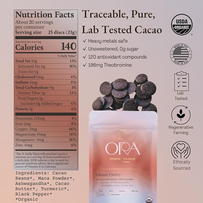 ORA Ceremonial Cacao - Vibrant Vitality - Organic 100% Cacao with Maca, Ashwagandha, Turmeric - Ethical - High Flavanol - Unsweetened - Heavy Metals Tested - 16oz
