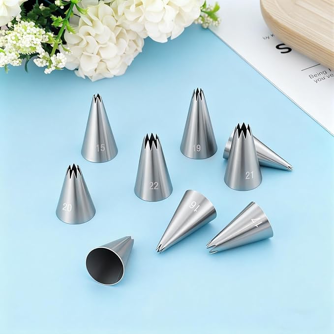 9Pcs Stainless Steel Piping Tips Set, French Star Tube Frosting Nozzle, Open Icing Tips, Cake Decorating tips for Cupcakes, Cookies, Cakes (Small Size)
