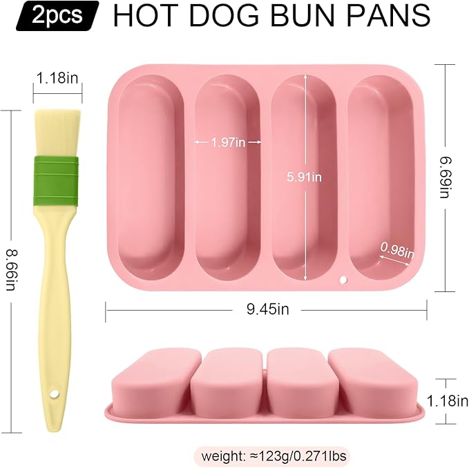 2 Pack Silicone Hot Dog Bun Pans, 6x9 Inch Non-Stick Baking Mold – Perfect for Homemade Hotdog Buns, Mini Baguettes & Rolls – Dishwasher Safe, 4-Cup Capacity (Pink)