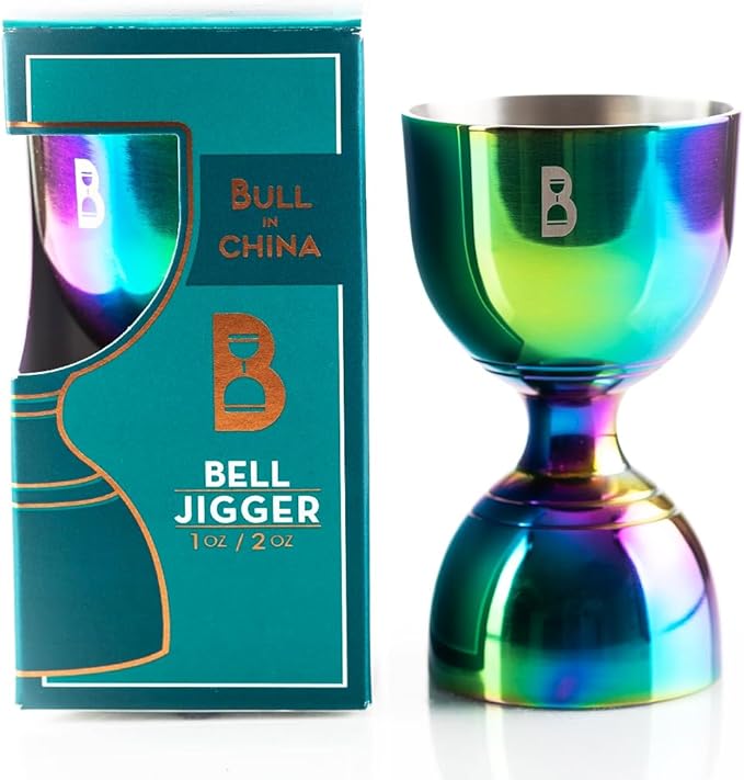 Double Bell Jigger by Bull In China - 0.25oz to 2oz Measures for Cocktails, Bars & Bartenders (Rainbow Chrome)