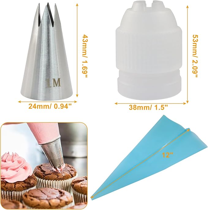 3 Pcs 1M Piping Tips, Stainless Steel Decorating Seamless Nozzles Icing Tips with Coupler Adapter & 12In Silicone Pastry Bag, Baking Tools for Birthday Cakes/Cupcakes/Cookie