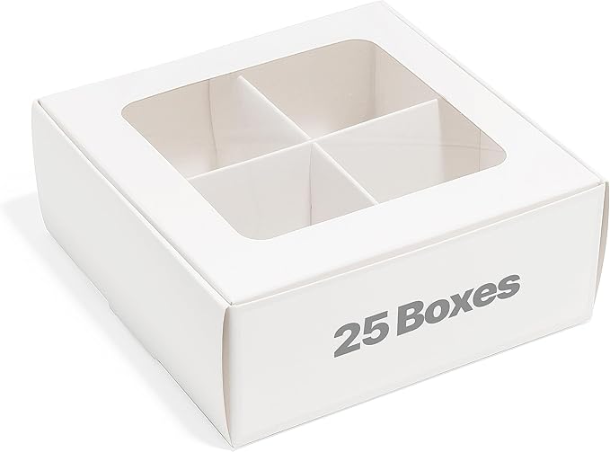 25 pcs White Mini Cookie Boxes with 4 treats Windows and Dividers, Bakery Boxes, 6 x 6 x 2.4 Inches SMALL Baking Boxes, Square Cookies Box Decorating Supplies for Gift Giving