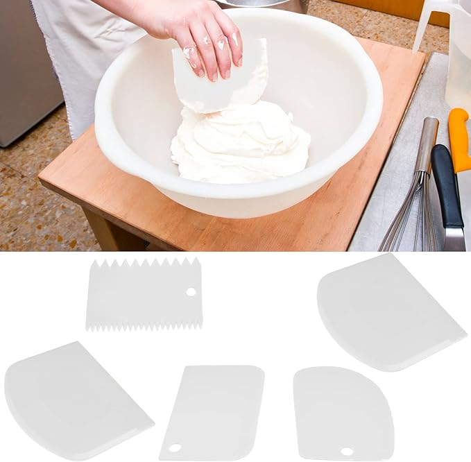 Multi-Purpose Bowl & Cake Scraper, 5-Piece Flexible Plastic Dish & Dough Cutter, Kitchen Bench Scraper - White