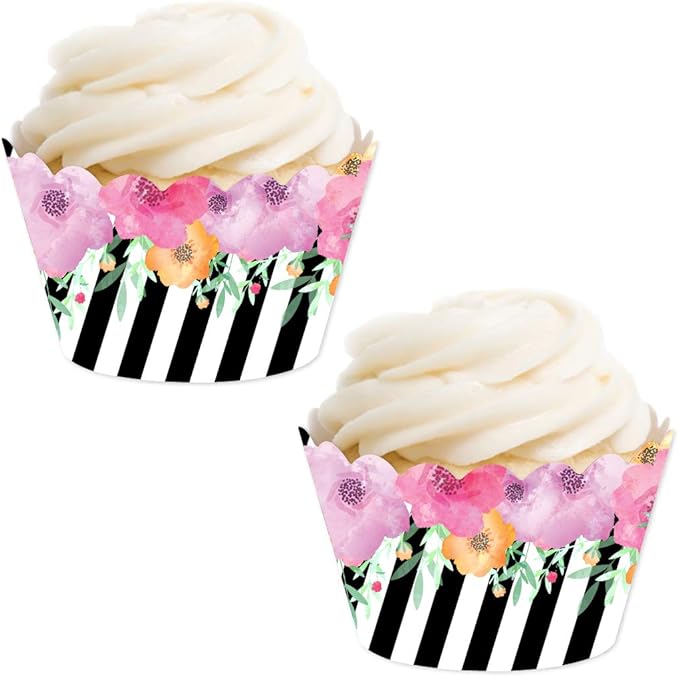 Andaz Press Party Cupcake Wrapper Decorations, Pink Floral Flowers with Black and White Stripes, 24-Pack, For Girls 1st Birthday Baby Bridal Shower Tea Party Themed Decorations