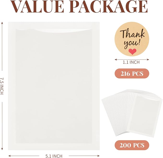 200 Pack Heat-Sealable Cookie Bags with Window, 5.1 x 7.5 Inches Small Clear Front To Go Bakery Bags, Grease Resistant Kraft Paper Treat Sleeves for Packaging Snack Donut Pastry (White)