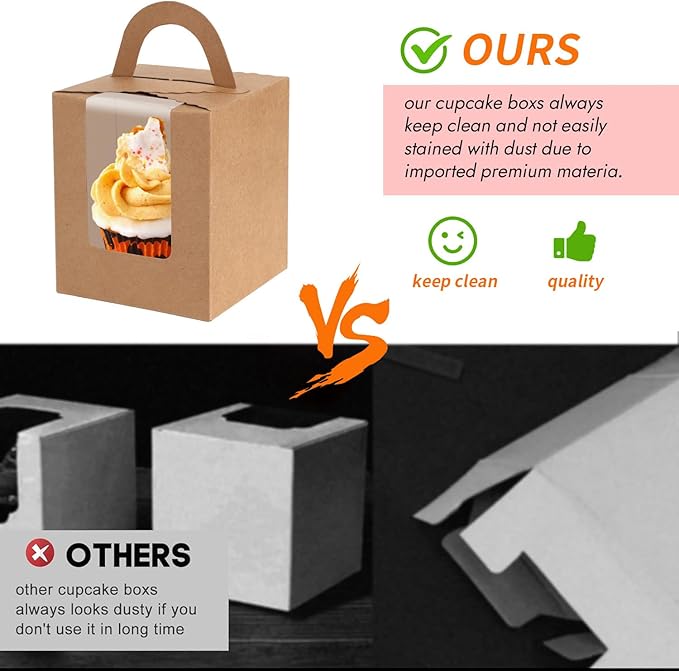 JCD 70 Packs Kraft Cupcake Boxes Individual Cupcake Holders Disposable Brown Cupcake Boxes with Window 3.6 * 3.6 * 4.3inch Single Cupcake Containers Pastry Box Muffins Holder for Bakery (Brown/70Pcs)