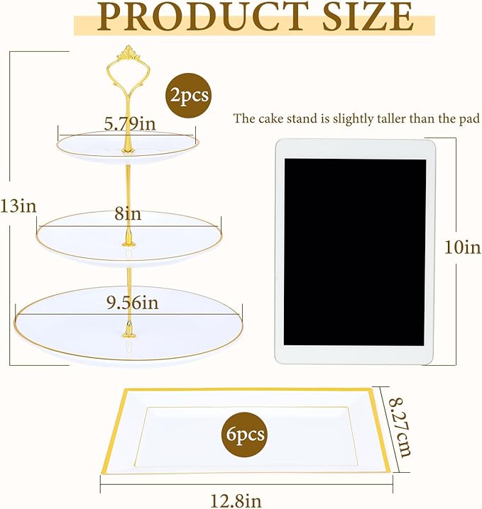 DI QIU REN 8PCS Cake Stand Set, Plastic Cupcake Stands with Gold Rim, Dessert Display Stands Set for Wedding Birthday Party Baby ShowerTea Party