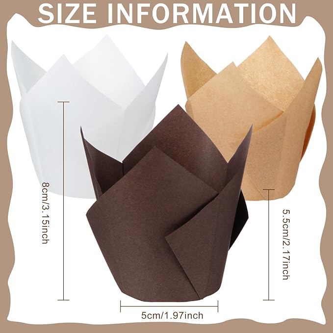 Yaomiao 600 Pcs Tulip Cupcake Liners Greaseproof Paper Tulip Muffin Liners Baking Cups Cupcake Wrappers Holders for Weddings Birthdays Anniversaries Banquets Party Christmas(Brown, Natural, White)
