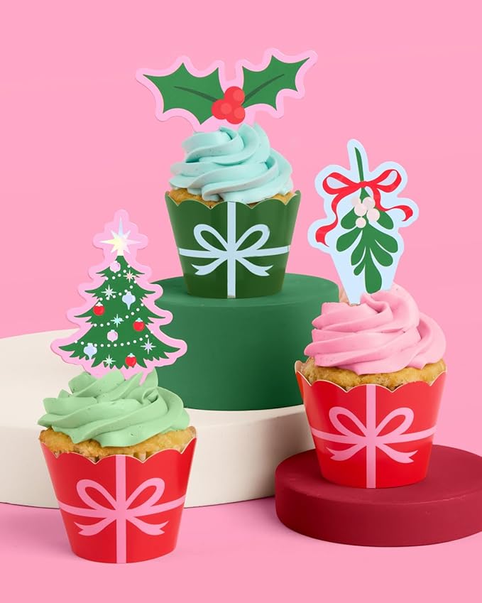 xo, Fetti Christmas Cupcake Toppers + Wrappers - Set of 24 | Kids Cake Decoration, Xmas Party Decor, Holiday Supplies, Winter Dessert Accessory