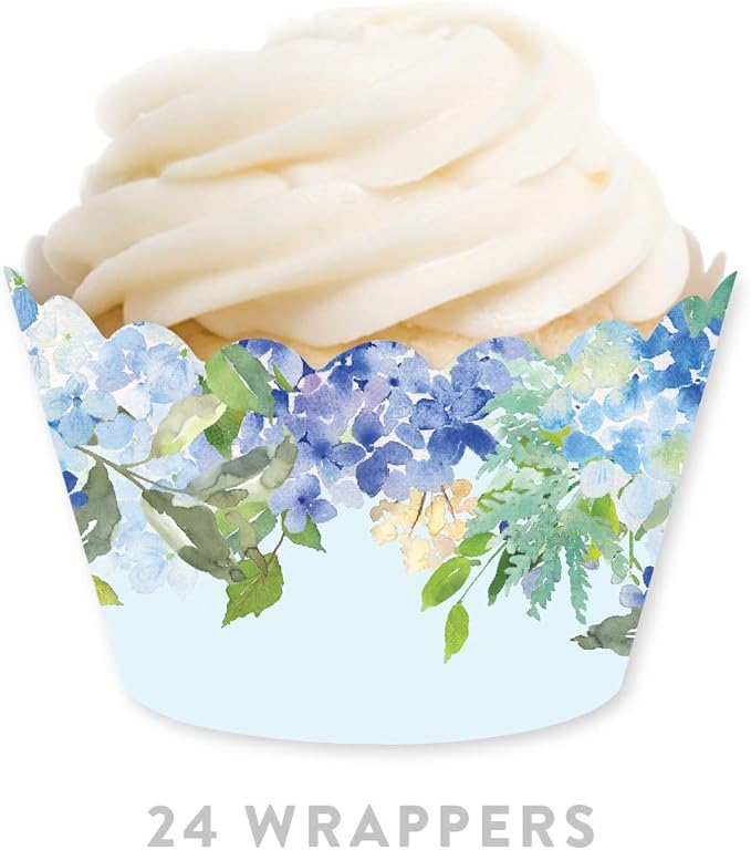 Andaz Press Party Cupcake Wrapper Decorations, Baby Blue Hydrangeas on Sky Blue, For Girl's 1st Birthday, Bridal Showers, Tea Party Themed Decorations - 24-Pack