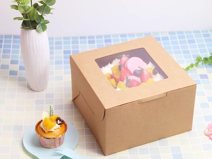 10Packs 8x8x5 Inches Brown Kraft Cake Boxes with Window, Gift Packing, Bakery Boxes, Dessert, Pastry, Cupcake, Pie Cookies, With Stickers,66 FT Twine