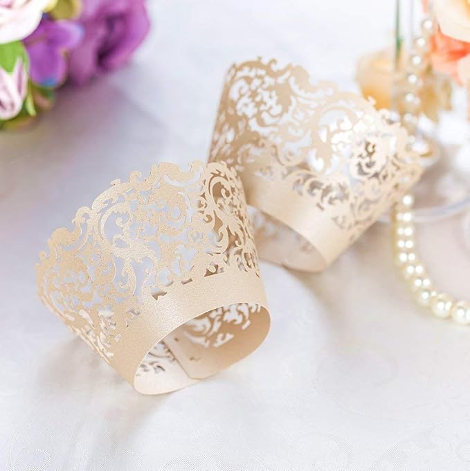YOZATIA 60 Ivory Vine Lace Cupcake Wrapper, Laser Cut Cupcake Liners for Weddings Birthdays Tea Parties and any Special Event- Ivory