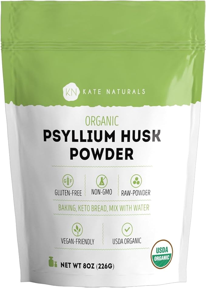 Kate Naturals Psyllium Husk Powder for Fiber, Digestion & Baking Bread. Mixes Easily with Juice & Smoothies (8oz, Organic, Gluten Free, Fine Ground)
