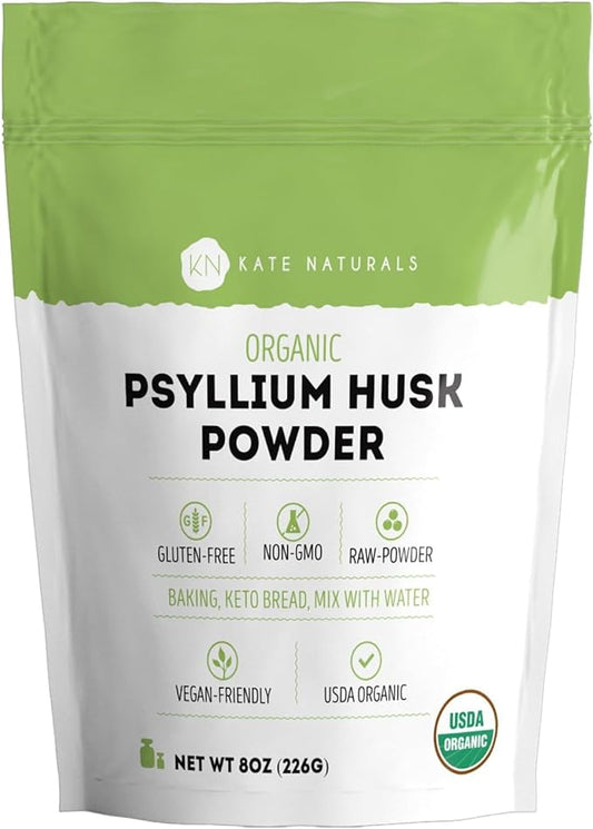 Kate Naturals Psyllium Husk Powder for Fiber, Digestion & Baking Bread. Mixes Easily with Juice & Smoothies (8oz, Organic, Gluten Free, Fine Ground)