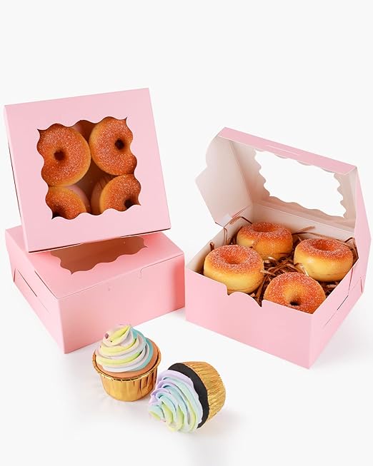 qiqee Pink Bakery Box with Window 100packs 6x6x3 Pink Cookie Boxes Pastry Box for Wedding Favor Birthday ＆ Party