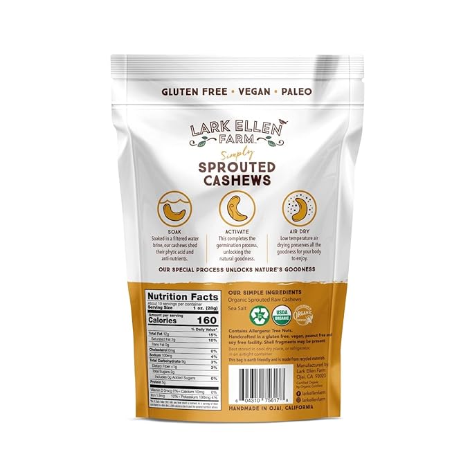 Lark Ellen Farm Sprouted Organic Certifed Cashews Unsalted - 10 oz Bag, Non GMO, Keto Snacks, Paleo, Gluten Free, Vegan, Organic, Plant Based, High Protein, Low Glycemic Index, Peanut Free Facility…