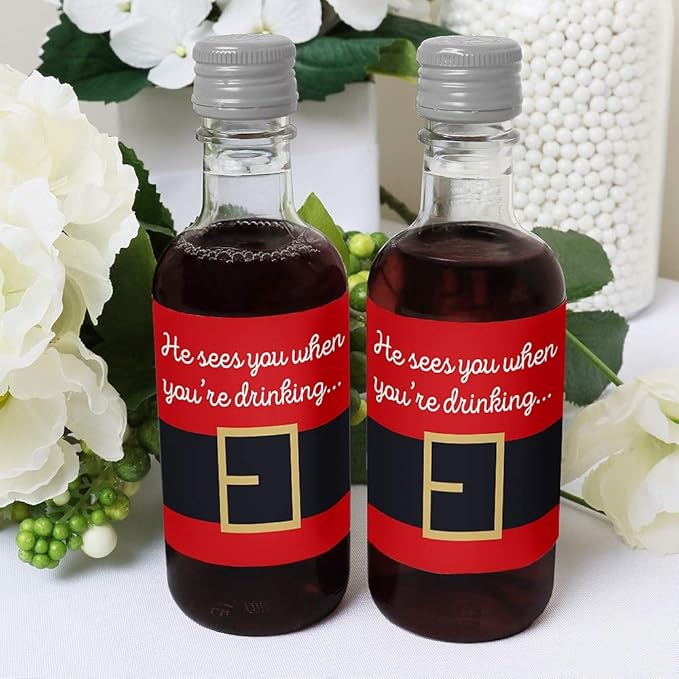 Big Dot of Happiness Santa Claus' Belt - Mini Wine and Champagne Bottle Label Stickers - Christmas Party Favor Gift for Women and Men - Set of 16