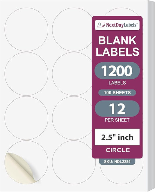 NextDayLabels 2.5 Inch Round Stickers for Printer - Matte White Blank Laser/Inkjet Printable Circles - 100 Sheets, 12 Per Sheet, 1200 Labels
