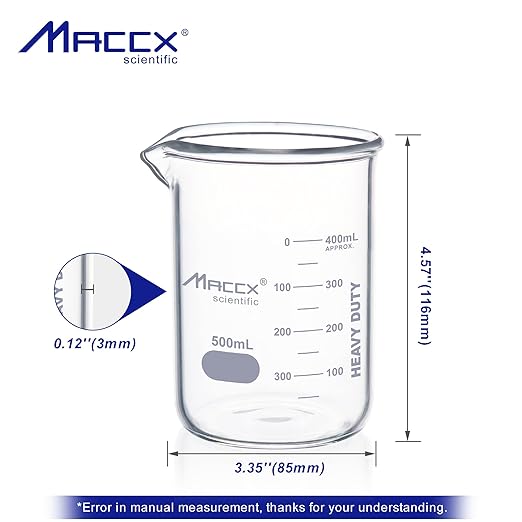 16.9oz(500ml) Sturdy Glass Beaker, Heavy-Duty Beaker Set, 3.3 Borosilicate Griffin Low Form with Printed Graduation, Pack of 10, BKL500-010