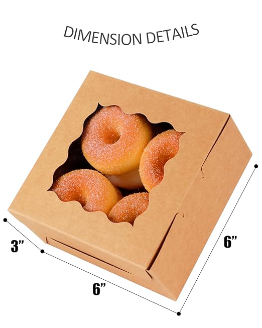 qiqee Kraft Cookie Boxes with Window 100packs 6x6x3 Brown Bakery Box Kraft Paper Boxes for Cookie, Pastry, Cupcake, Pie, Donut