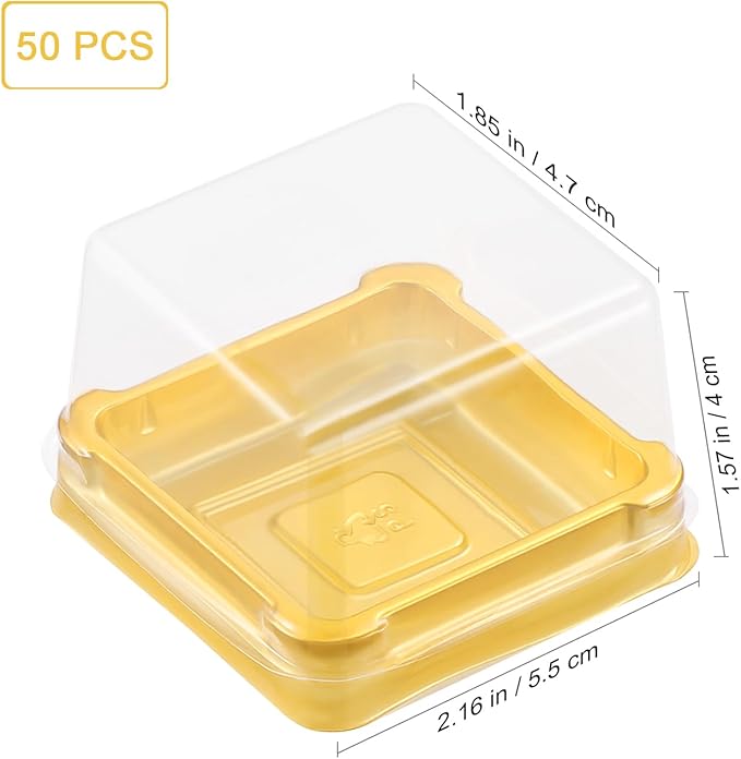 UPKOCH 50pcs Plastic Mini Cake Box, Square Moon cake Dome Cake Boxes, Golden Christmas Festival Wedding Birthday Packing Box, Size S, 2.16x1.85x1.57 inches