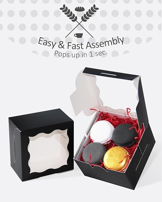 qiqee Black Bakery Box with Window 4x4x2.5 inch 30Packs Macaron Boxes Small Donut Pastry Boxes for Party Mini Cookie Boxes