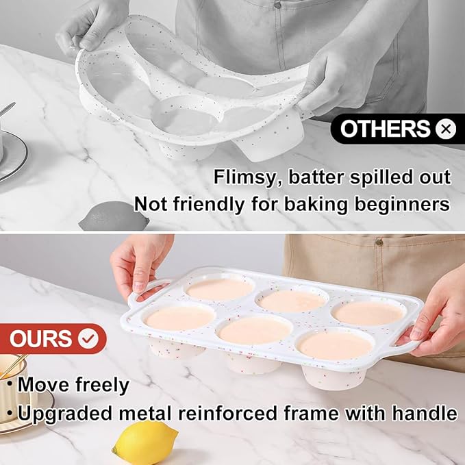 CAKETIME Large Muffin Pan Jumbo with Metal Frame 3.5 Inch Silicone Muffin Pan Nonstick 6 Cups for Baking Jumbo Muffin, Frittatas, Jumbo 1 Pack