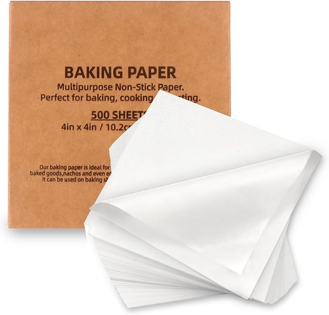 500 Pcs Parchment Paper Baking Sheets, 4"x4" Precut Non-Stick Baking Parchment Paper Sheets Bun Sheet Pan Liners.Baking Grilling Air Fryer Steaming Bread Cup Cake Cookie (White-4"x4")