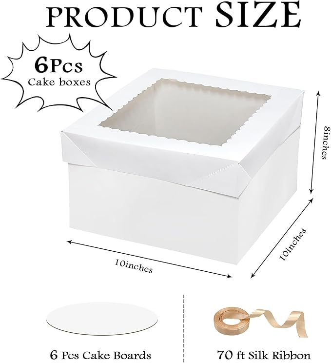 6 Set 10x10x8 Inches Cake Boxes with Boards—（6 Boxes with window & 6 Borads & 70ft Silk Ribbon） Large Square Baking Boxes