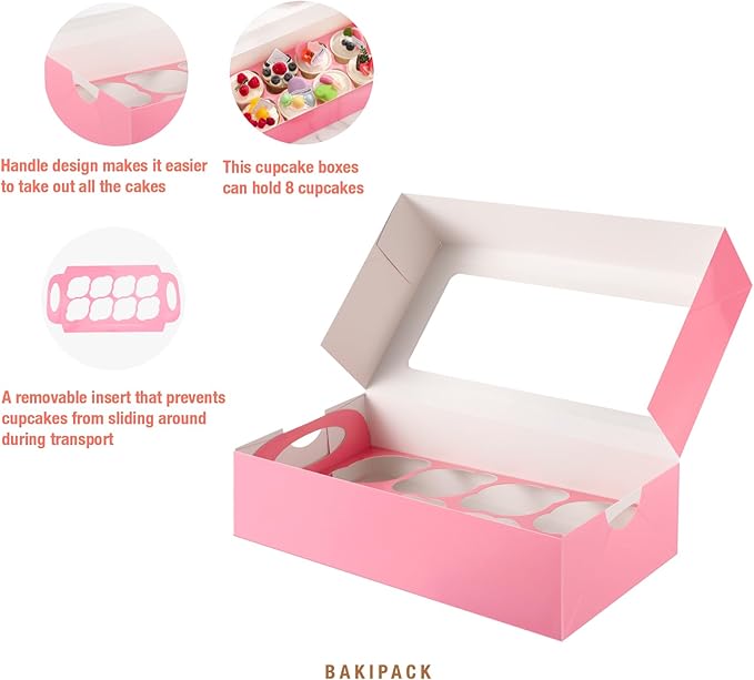 15 Pink Cupcake Boxes 8 Count with Window and Inserts, Cupcake Containers, Mother's Day Cupcake Boxes for Cupcakes, Muffins, Cookies
