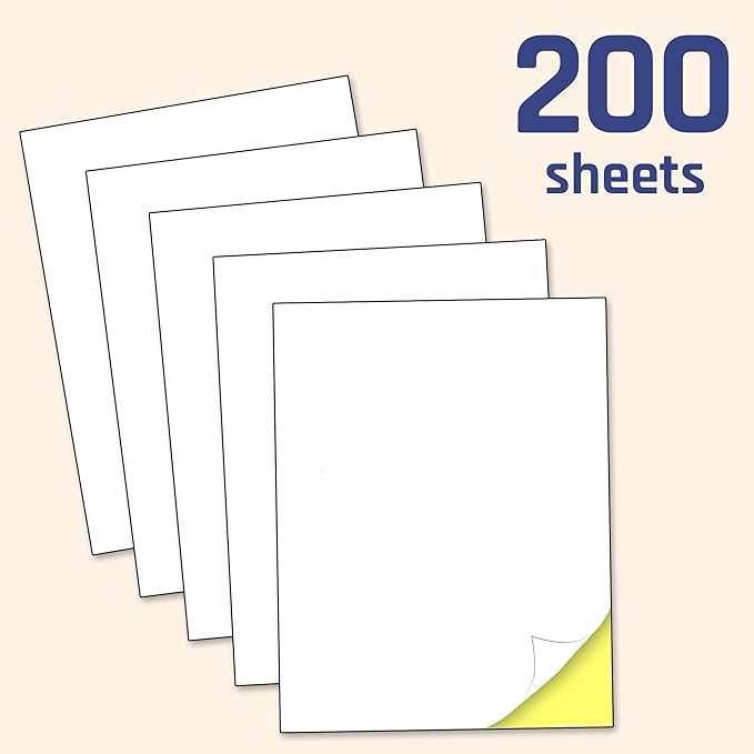 200 Sheets - Sticker Paper for Printer, Printable White Labels for Inkjet and Laser Printing - 8.5" x 11"
