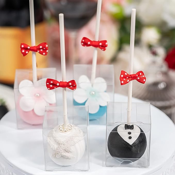 100 Pack Clear Treat Boxes (1.75"x1.75"x2") with Lollipop Sticks - Bulk Cake Pop & Candy Packaging for Weddings, Birthdays & Party Favors