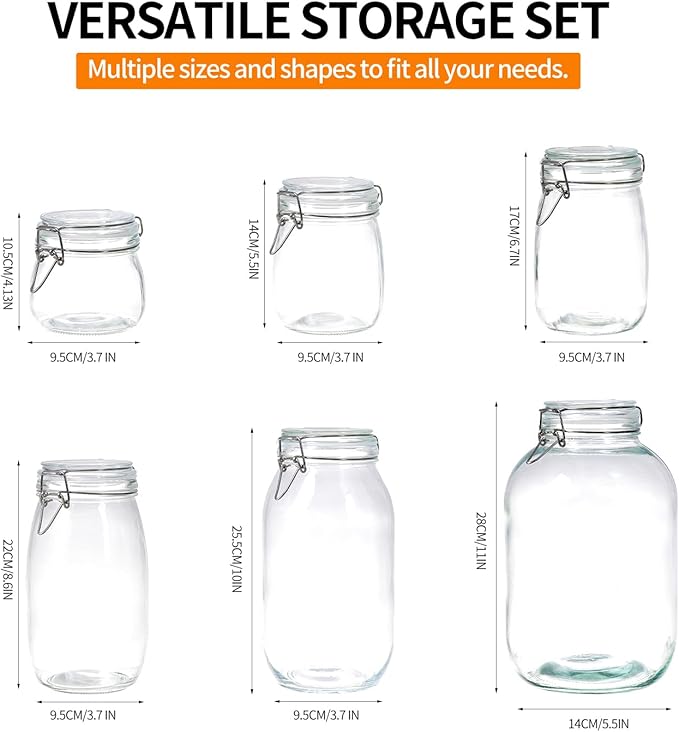 3 Pack 68oz Food Storage Jars with Airtight Lids, Preserving Seal Wire Clip Fastening Glass Containers, Canisters for Kitchen Organization, Flour, Cereal, Pasta, Sugar, Beans, Pickling Jars(68 Oz*3)