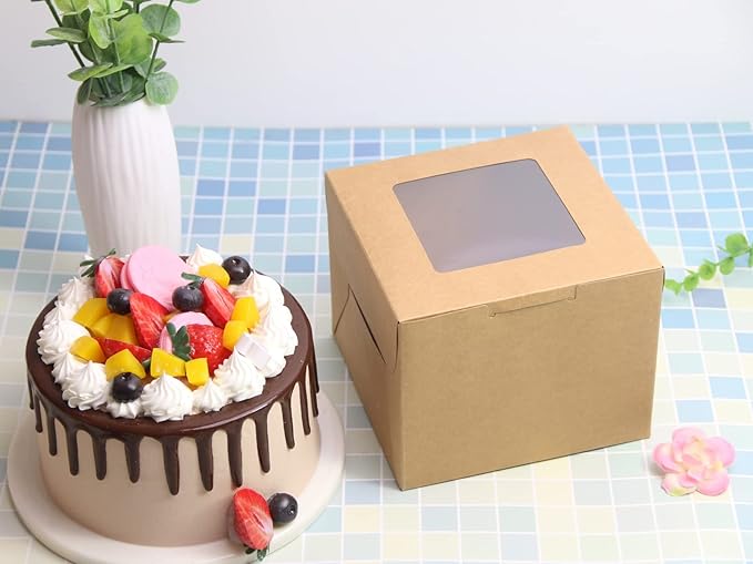 PQZKLDP 12Packs 6x6x5 Inches Brown Kraft Cake Boxes with Window, Gift Packing, Bakery Boxes, Dessert, Pastry, Cupcake, Pie Cookies, With Stickers,66 FT Twine (6 * 6 * 5 Inch, Brown)