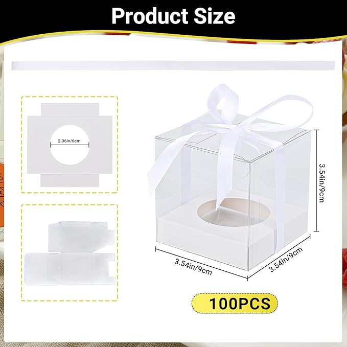 EUSOAR White Cupcake Boxes, 100 Packs 3.5 Inch Individual Clear Dessert Pastry Muffin Cupcake Containers with Inserts and Ribbon, Muffins Gift Holder Mini Cake Carrier for Wedding Party Favor Bakery