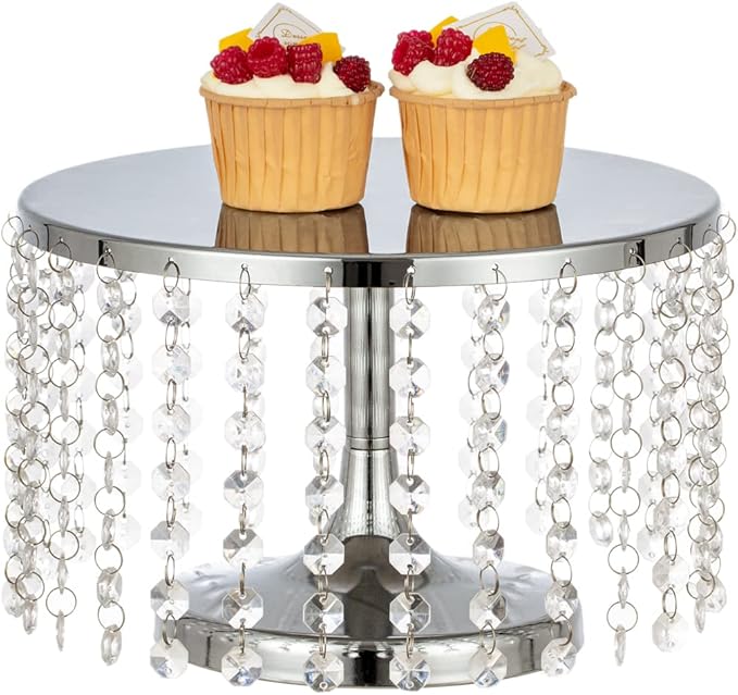 LANLONG Cake Stand for Dessert Table 10 Inch Silver Crystal Pendants Metal Cake Stand Serves as A Round Dessert Cupcake Display Plate for Table, Wedding, Party, Event