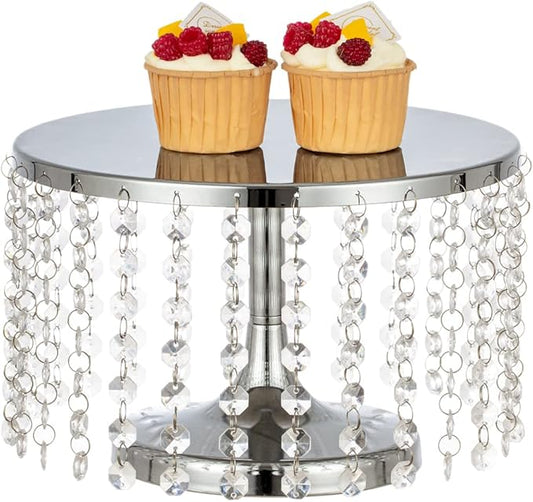 LANLONG Cake Stand for Dessert Table 10 Inch Silver Crystal Pendants Metal Cake Stand Serves as A Round Dessert Cupcake Display Plate for Table, Wedding, Party, Event