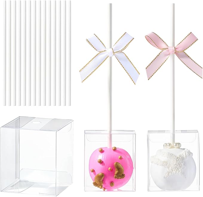 50 Pack Clear Cake Pop Favor Boxes 1.75x1.75x2in with Pre-Cut Hole & Paper Sticks - Ready-to-Use Treat Boxes for Birthdays, Weddings, Baby Showers - Perfect for Cake Pop, Truffles & Party Favors