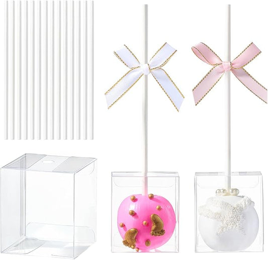50 Pack Clear Cake Pop Favor Boxes 1.75x1.75x2in with Pre-Cut Hole & Paper Sticks - Ready-to-Use Treat Boxes for Birthdays, Weddings, Baby Showers - Perfect for Cake Pop, Truffles & Party Favors