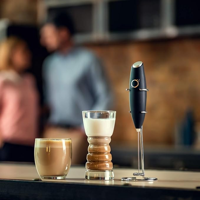 Handheld Milk Frother for Coffee Lattes Cappuccinos Matcha Tea Almond Oat Coconut Milk Electric Drink Mixer Stainless Steel Whisk Battery Operated Hand Frother with Stand & Recipes (Black)
