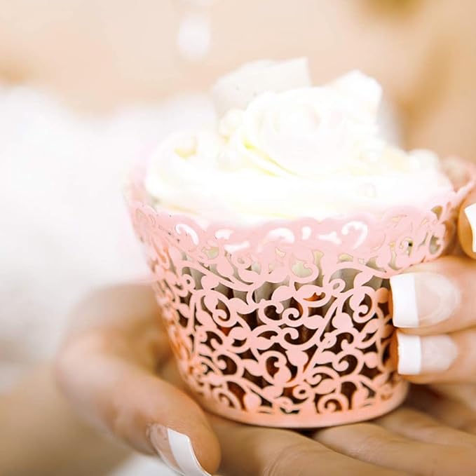GOLF 100Pcs Cupcake Wrappers Artistic Bake Cake Paper Filigree Little Vine Lace Laser Cut Liner Baking Cup Wraps Muffin CaseTrays for Wedding Party Birthday Decoration (Pink)